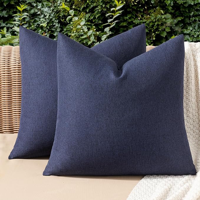 MIULEE Pack of 2 Decorative Outdoor Solid Waterproof Throw Pillow Covers Faux Linen Garden Farmhouse Cushion Cases for Summer Patio Tent Balcony Couch Sofa 16x16 Inch Navy