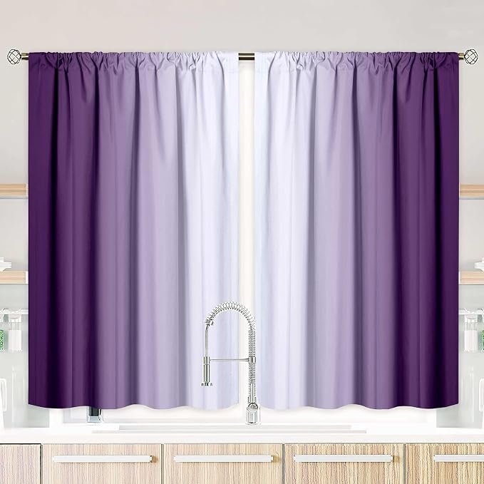 Purple Kitchen Curtains 2 Panels for Dining Room Purple and Grey White Curtain 39 inch Length Semi Sheer Rod Pocket Window Treatment Panel for Livingroom,27.5"x39"