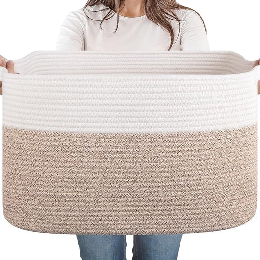 65L Cotton Rope Large Blanket Basket (19.7"x15.7"x11.8") for Living Room, Kids Room & Laundry, Storage Basket with Handle for Organizing Blankets, Pillows, Clothes & Toys, Brown & White