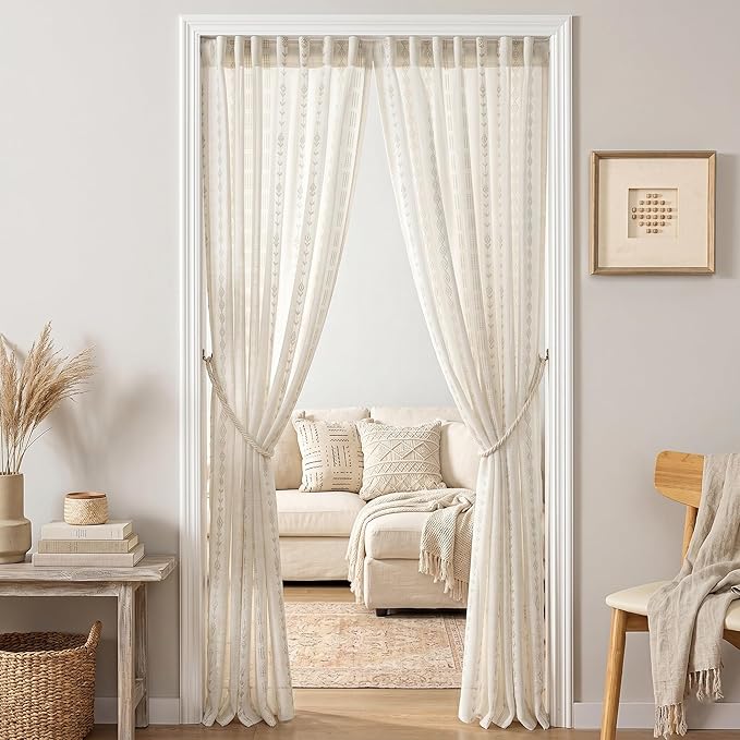 Closet Curtain 80 Inch Length for Open Closet, Boho Doorway Curtain for Door, Decorative Privacy Linen Sheer Striped Pattern Room Divider Curtains for Room Separation Bedroom, 50" W x 80" L, 2 Panels