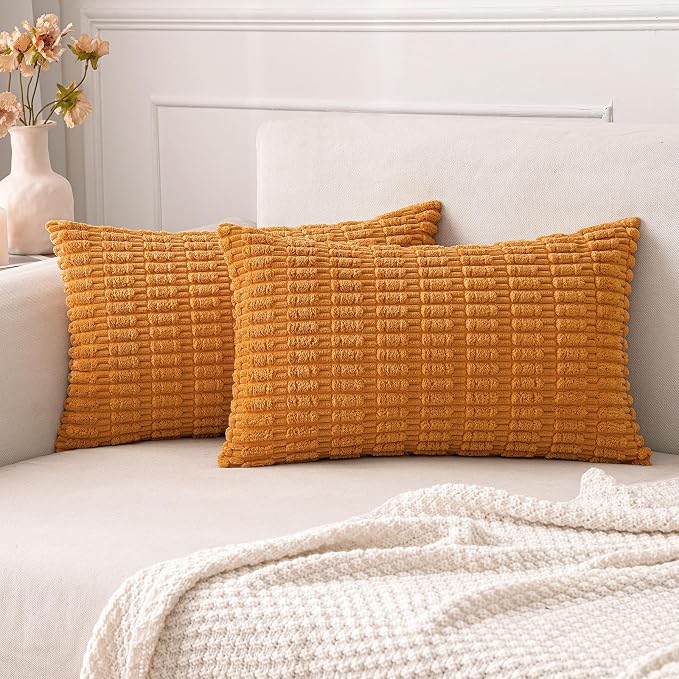 MIULEE Fall Pack of 2 Burnt Orange Corduroy Decorative Lumbar Pillow Covers 20x12 Inch Soft Boho Striped Throw Pillow Covers Modern Farmhouse Home Decor for Sofa Living Room Couch Bed