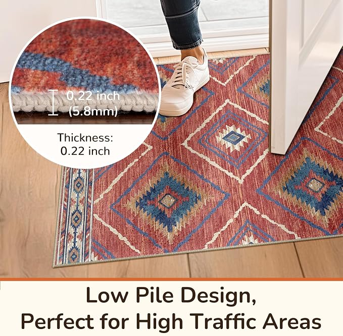 BESTSWEETIE Area Rug 2x5 Rug Machine Washable Non-Slip Low Pile Print Pattern Western Rug for Living Room Bedroom Entryway Tribal Series-Red/Orange