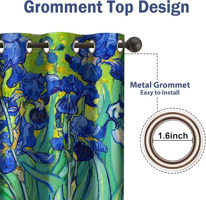 Jekeno Irises Blackout Curtains Blue and Purple Iris Flowers Floral Art Decor Home Bedroom Living Room Abstract Art Decoration Darkening Grommet Window Drapes 2 Panel Set, 52"x63"