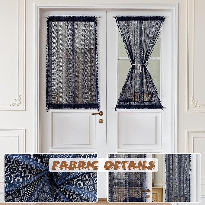 Sutuo Home French Door Curtains Set of 2 for Front Door & Drapery Glass, Boho French Country Style Tassels Vintage Chic Geometric Drapes for Sidelights Patio Decor, Rod Pocket 25" W x 40" L Navy Blue
