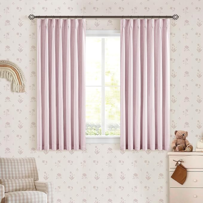 Pink Short Linen Curtains for Small Window 2 Panel Set Kitchen Curtains 45 Inch Length Pinch Pleated Back Tab 100% Blackout Blush Pink Linen Room Darkening Thermal Insulated Drapes for Cafe Bathroom