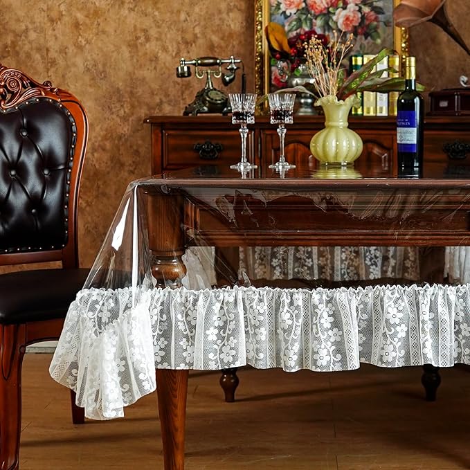 SUTAVIA Clear PVC Tablecloth White Lace Ruffle Edge Transparent Vinyl Table Protector Waterproof Rectangular Table Cover for Dining Table Home Outdoor Picnic (White Ruffle, Oblong, 60"x84")