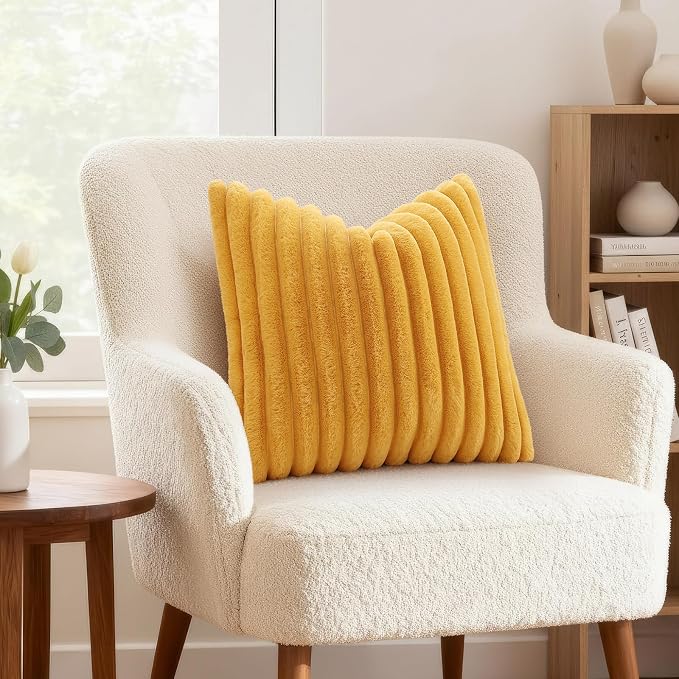 decorUhome Fall Cozy Faux Fur Throw Pillow Covers 20x20 Set of 2 Decorative Soft Plush Striped Modern Farmhouse Boho Couch Pillow Cases with Velvet Back for Sofa Bed Living Room, Mustard Yellow