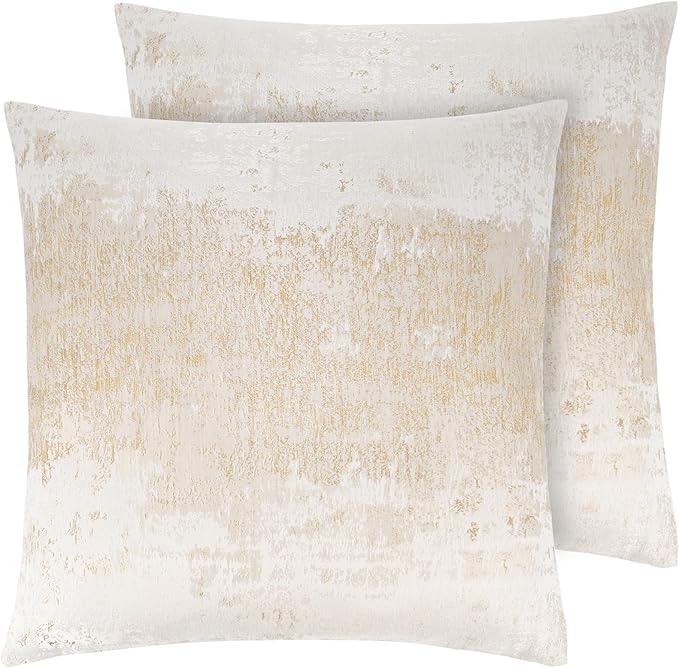 THE-TINOART Pack of 2 Modern Farmhouse Throw Pillow Covers 18x18, Beige and Gold Jacquard Woven Decorative Pillow Covers for Couch Sofa Bed, Neutral Textured Home Decor