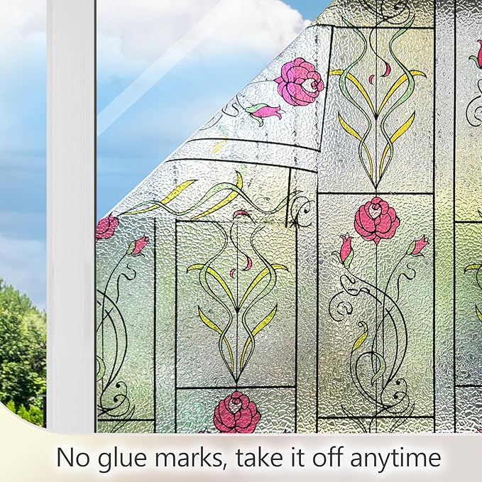 KESPEN WINDOW FILMS Window Privacy Film Stained Glass Frosted Glass Films Decorative Window Film with Rose Flower Static Cling Non-Adhesive Stickers Heat Control for Home, 35.4 Inch X 13.1 Feet