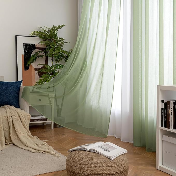 MIULEE 2 Panels Sage Green Semi Sheer Window Curtains Spring Elegant Grommet Top Window Voile Drapes/Treatment Linen Textured Light Green Panels for Bedroom Living Room (54X96 Inches)