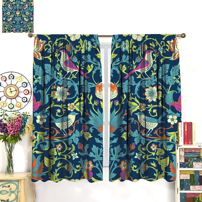Boho William Morris Art Blackout Window Curtains, Magical Forest Vintage Flowers and Birds Rod Pocket Curtains, for Living Room Bedroom 42(W)*84(L) 2 Panels