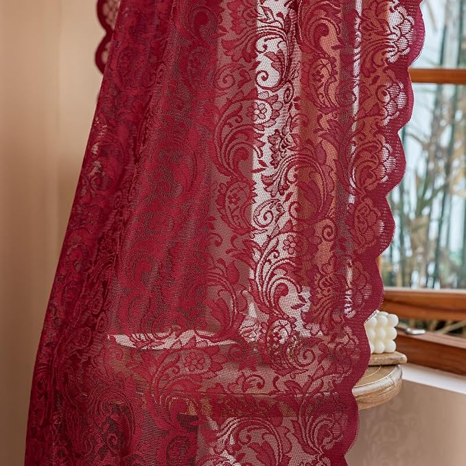 ALIGOGO Burgundy Sheer Curtains 54 Inch Length, 2 Panels, Vintage Floral Short Red Lace Cafe Curtains for Kitchen Bathroom Laundry Room, Light Flitering Farmhouse Decor, 52W x 54L Inch, Maroon