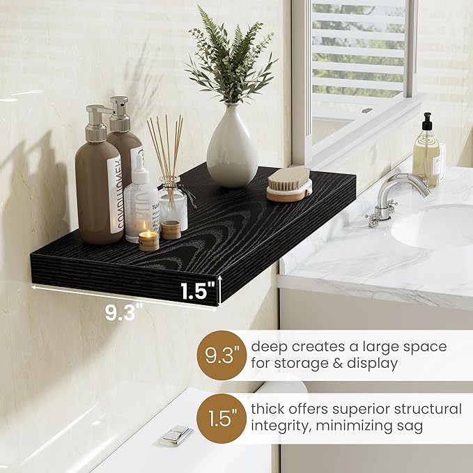 Fun Memories Black Floating Shelves 55 Inch Long, 9.3 Inch Deep Floating Shelf for Wall, Living Room, Bedroom, Kitchen, Large Deep Wall Shelves with Invisible Bracket for Books, Decor