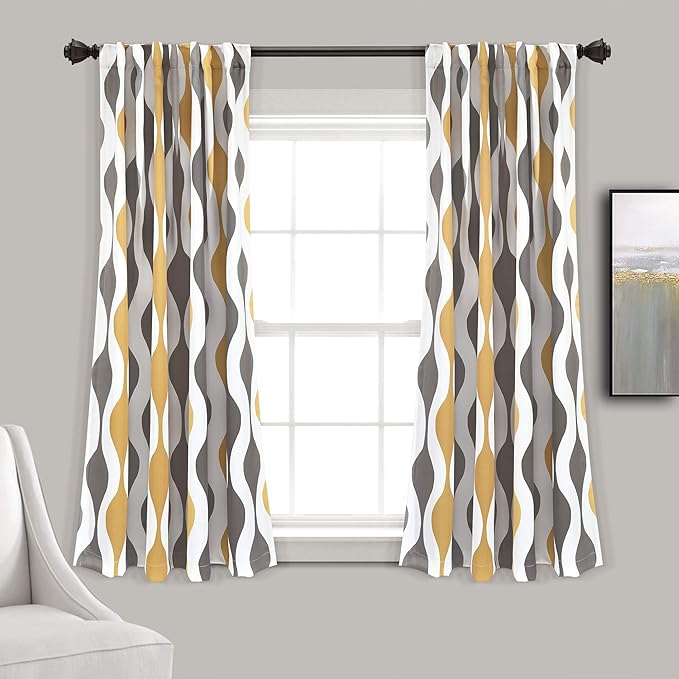 Lush Decor Mid Century Geo Light Filtering Window Curtain Panel Pair, 52" W x 63" L, Gold & Gray