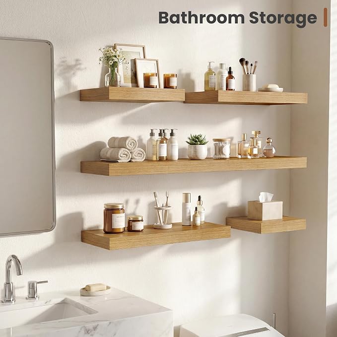 Vivelove 12 Inch Deep Floating Shelves 12 inch Long, 2 Inch Thick Wall Shelves with Invisible Brackets, Shelf for Bedroom Bathroom Living Room Kitchen Office Home Decor, Modern Shelf Set of 2, Oak