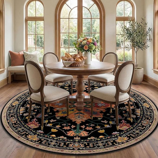 RELEANY Area Rugs Round 7ft Washable Non-Slip, Floral Vintage Distress Medallion Carpet for Living Room Bedroom Dining Room, Black Colorful Floral Dark Tan