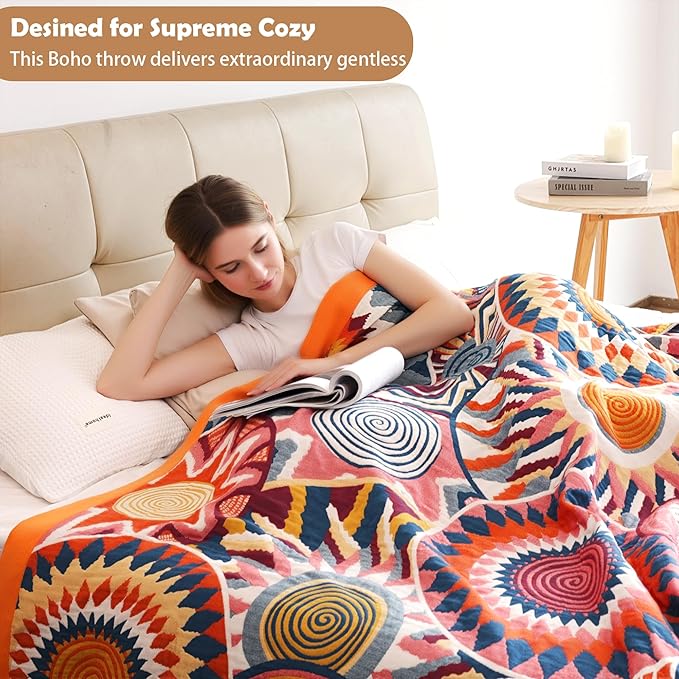 VANJOROY Boho Throw Blanket, 100% Organic Muslin Cotton Skin-friendly Breathable Ultra Soft Bed Quilt Throw - All Season Bohemian Decor Luxury Colorful Blanket for Sofa Couch Chair and Gift. 60" x 80"