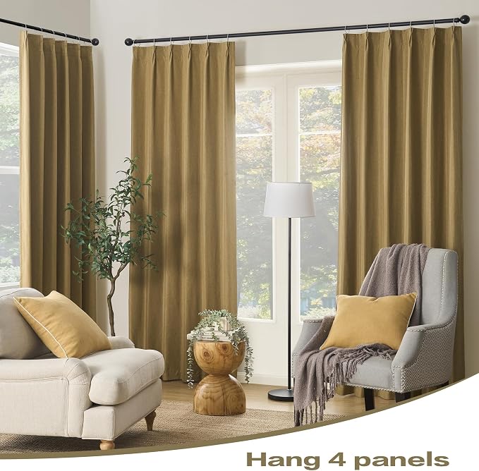 DUALIFE Gold Tan Pinch Pleated Blackout Curtains 108 Inches Long, Back Tab with Hooks, Linen Full Black Out Thermal Insulated Track Curtain for Bedroom Living Room,40 W x 108 L, 2 Panels