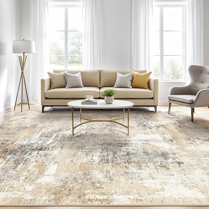 LOONGRUG 7x9 Area Rug Living Room: Machine Washable Large Abstract Soft Rugs Stain Resistant Indoor Floor Non Slip Accent Carpet for Bedroom Nursery Playroom Office Dining Room Dorm Home- Gray Gold