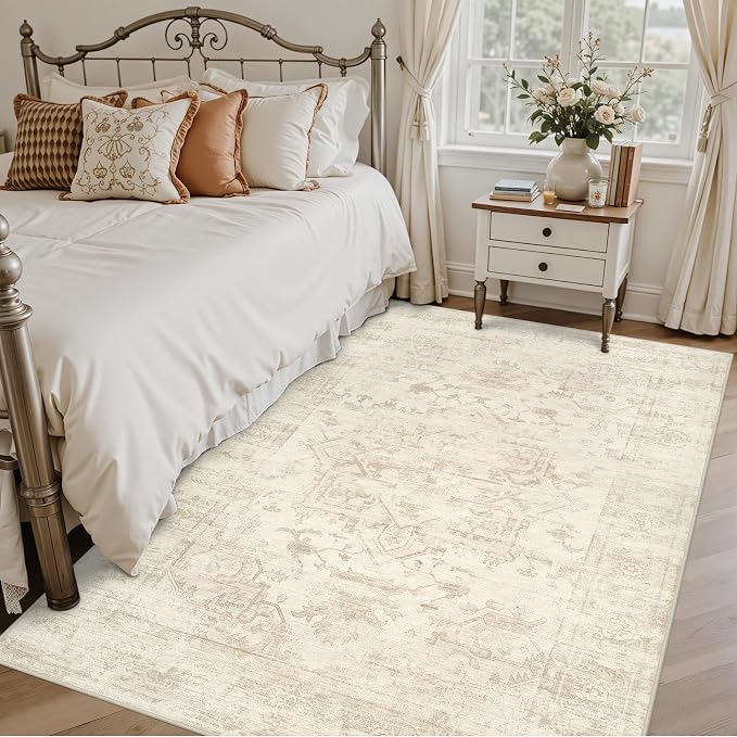 3x5 Area Rugs for Living Room: Vintage Boho Neutral Washable Rug Indoor Soft Large Area Rug Carpet for Bedroom Nursery Farmhouse Dining Room Office Floor Non-Slip Low Pile Under Table Rug Beige/Brown
