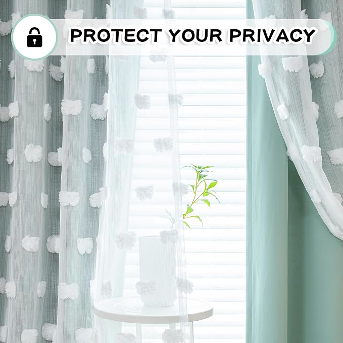 MYSKY HOME Aqua Curtains for Kids Room Nursery Curtains 72 Inches Long for Girls Bedroom Double Layer Curtains White Pom Pom Sheer Curtains for Dining Room Grommet Room Darkening Panels W52 X L72