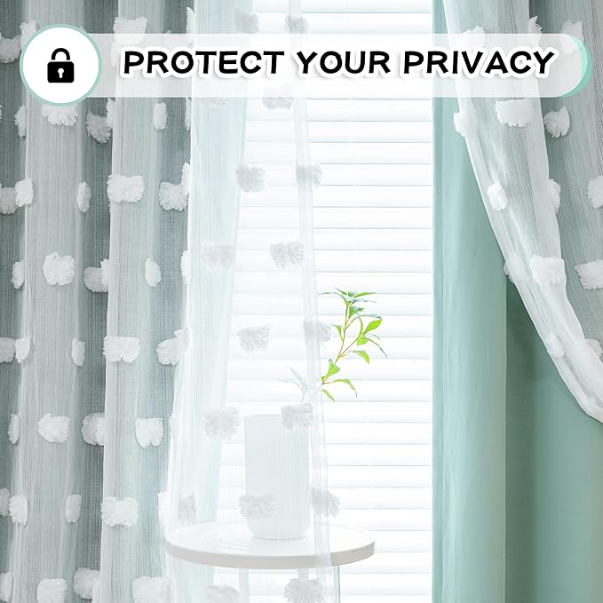 MYSKY HOME Kids Curtains for Boys Bedroom 63 Inches Long Room Darkening Double Layer Drapes for Son Room Decor White Pom Pom Sheer Back Tab Blackout Curtain 2 Layers Aqua 52 x 63 Inch 2 Panels