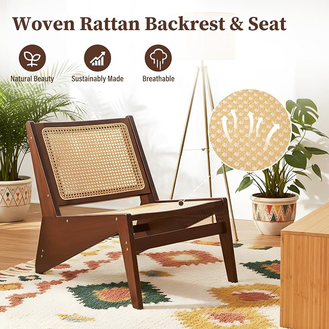 Furlide Rattan Chair 2Pcs, Mid-Century Accent Chair, Rattan Lounge Chair for Living Room, Boho Side Corner Comfy Chair for Bedroom and Balcony, Walnut