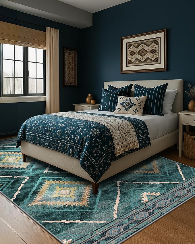 BESTSWEETIE Area Rug 6x9 Rug Machine Washable Non-Slip Low Pile Print Pattern Western Rug for Living Room Bedroom Entryway Tribal Series -Teal/Green