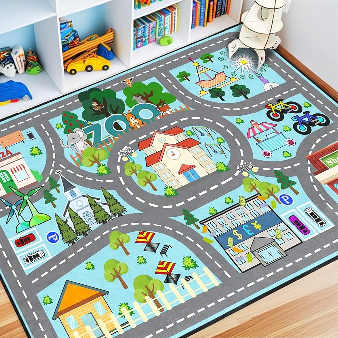 Car Rug Play Mat 4.5x6 Feet - Road Rug for Kids Boys Room, Fun Race Track Traffic Road Carpet for Boys Playmat Educational Learn, Car Carpet for Kids Room Decor Playmat Bedroom Playroom