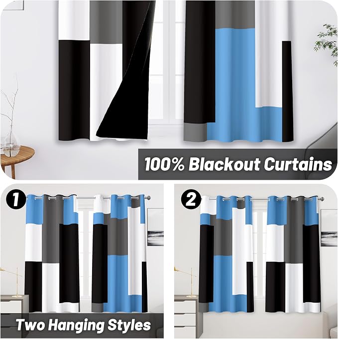 Tyrot Light Blue 100% Blackout Curtains for Bedroom 45 inch Length 2 Panels Set Grey Modern Abstract Geometric Black Out Curtains Insulated Room Darkening Window Drapes for Living Room, 52Wx45L