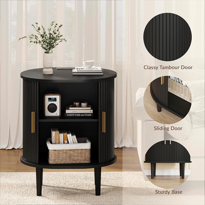 DHH Mid Century Modern Nightstand with Charging Station, Fluted Accent Side Table with Sliding Door & Adjustable Shelf, End Table for Small Space, Living Room, Bedroom,Sofa Couch (1, Black)