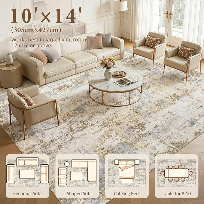Area Rugs 10x14 Living Room: Washable Large Abstract Modern Neutral Soft Rug Stain Resistant Non-Slip Backing Carpet for Bedroom Dining Room Indoor Nursery Dorm Home Office Decor - Brown