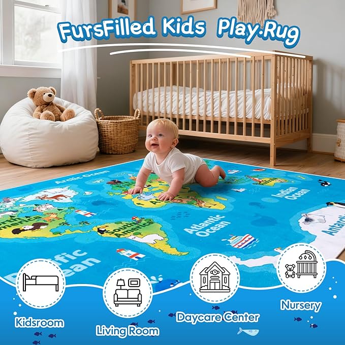 Kids Playroom Rug, 5x7ft World Map Rugs with Cute Animals, Washable Durable Soft Carpet Kid Educational Rugs for Boys Girls Bedroom Nursery Classroom