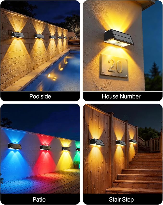 Solar Fence Lights Outdoor, 12 Pack 100LM Fence Lights Solar Powered Waterproof, 9 Color Modes, Up & Down LED Focused Beam, 12H Dusk to Dawn Glow for Pool/Patio/Wall/Backyard - Black
