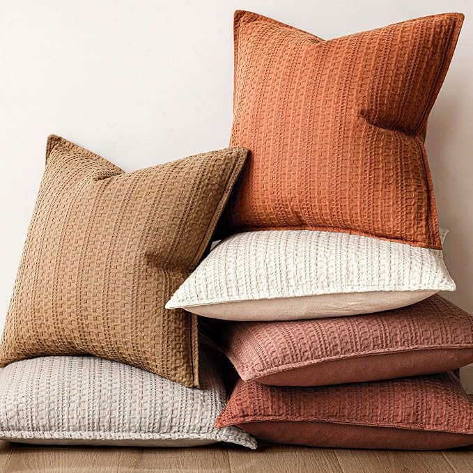 Foindtower Set of 2 Decorative Cotton Waffle Weave Throw Pillow Covers Euro Shams Cushion Covers Accent European Pillowcase for Bed Couch Sofa Bedroom Living Room Home Decor 20×20 Inch Burnt Orange