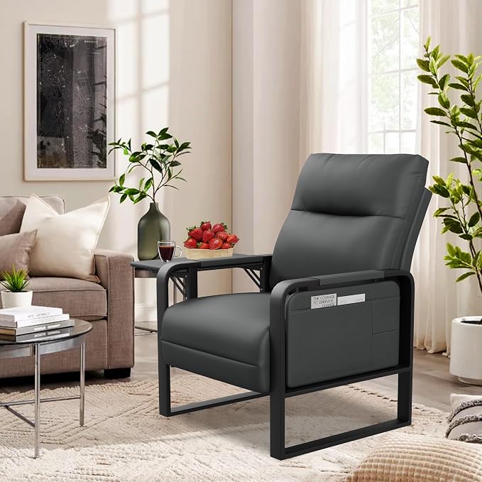 Modern Faux Leather Accent Chair Upholstered Armchair with Side Table for Bedroom Living Room Chairs Office Chair Grey Leisure Chair