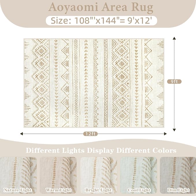 Area Rug for Living Room 9x12: Large Washable Boho Moroccan Rugs Geometric Neutral Rug, Non-Slip Foldable Morden Farmhouse Indoor Floor Carpet for Bedroom Dining Room Home(Beige Brown,9'x12')