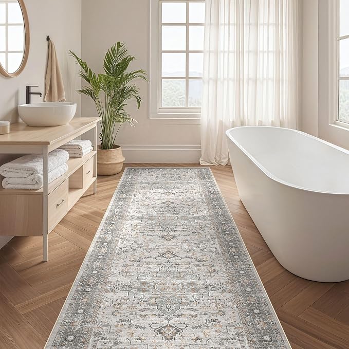 Runner Rug Kitchen Washable Rugs: 3x8 Non-Slip Boho Soft Vintage Stain Resistant Indoor Floor Neutral Farmhouse Throw Carpet for Hallway Bathroom Laundry Room Entryway Bedroom- Taupe
