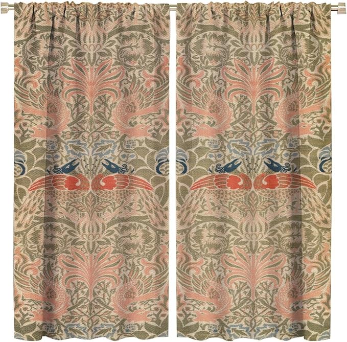 Retro Bohemian William Morris Blackout Window Curtains, Vintage Peacock Abstract Art Pattern Print Window Drapes, for Bedroom Living Room 21(W)*54(L) 2 Panels