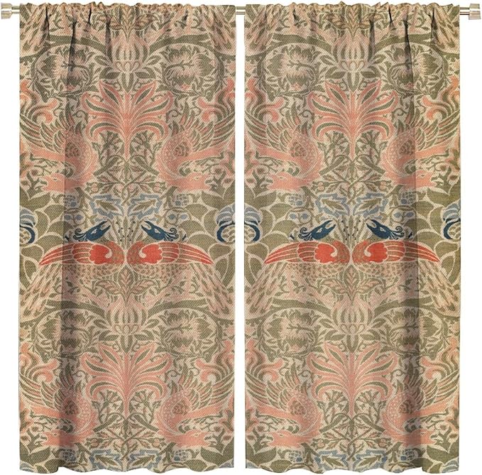 Retro Bohemian William Morris Blackout Window Curtains, Vintage Peacock Abstract Art Pattern Print Window Drapes, for Bedroom Living Room 21(W)*45(L) 2 Panels