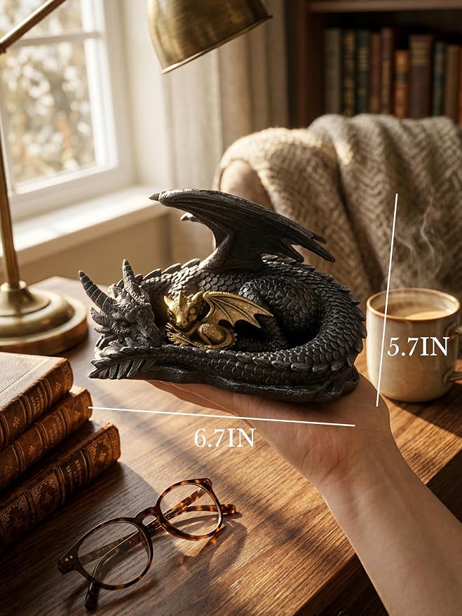 Stylor Black Dragon Statue Decor - Black & Golden Dragon Duo Figurine Bookshelf Decor, Hand-Painted Fantasy Gift for Bookish Book Lovers, Resin Mythical Sculpture Aesthetic Room Decoration