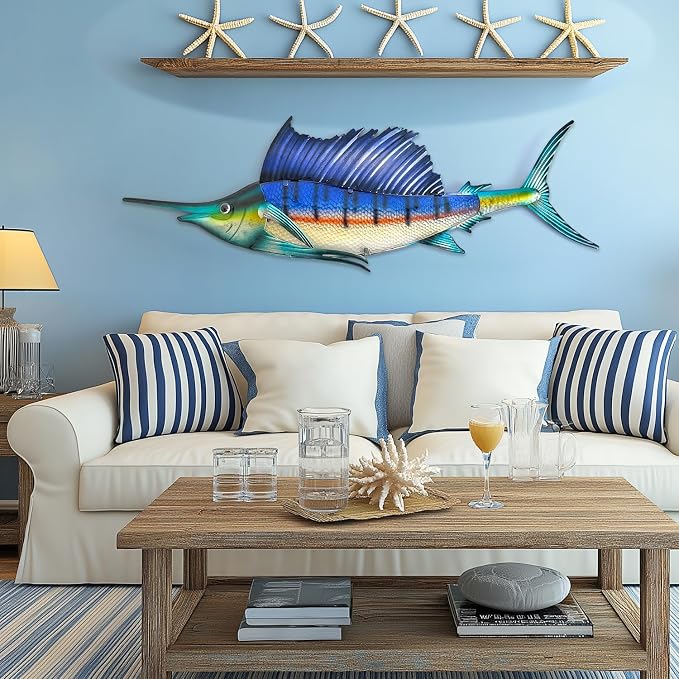 LIFFY Metal Fish Wall Art,36" Large Sailfish Wall Decor with Led Lights,Indoor Outdoor Mounted Tropical Swordfish Hanging Decorations for Home Living Room Bedroom Garden Patio