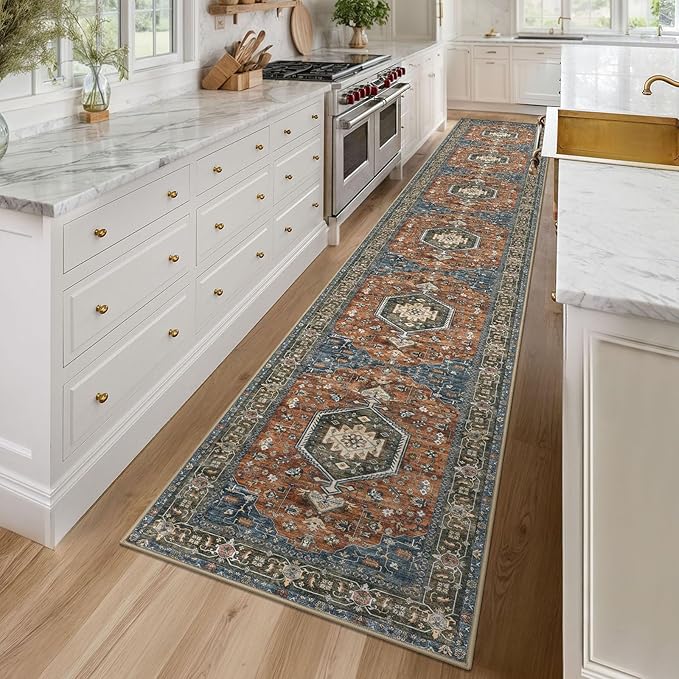 KUTA Vintage Washable Runner Rug 2.6x16, Non-Slip 16ft Extra Long Hallway Kitchen Rugs Brick Red, Indoor Ultra Soft Printed Medallion Carpet Runners for Bedroom Living Room