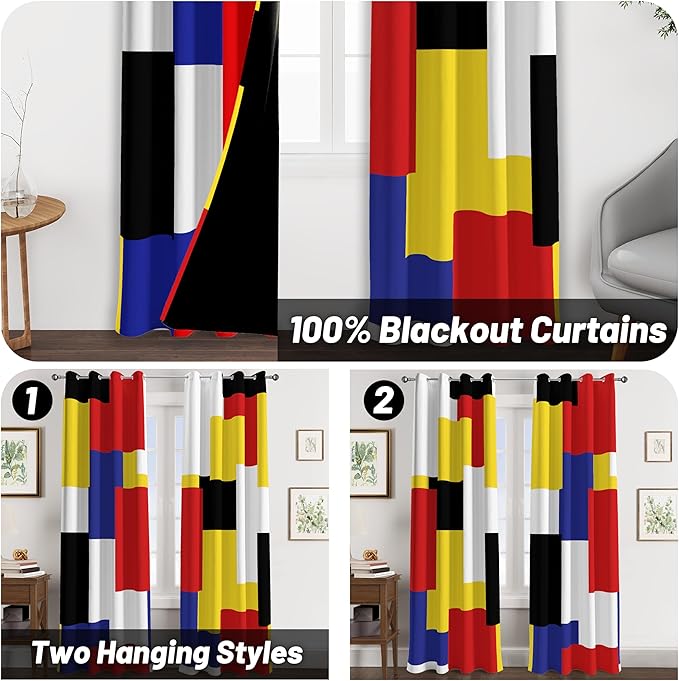 Tyrot Colorful 100% Blackout Curtains for Bedroom 84 inch Long 2 Panels Set Red Yellow Modern Abstract Geometric Black Out Curtains Insulated Room Darkening Window Drapes for Living Room, 52Wx84L