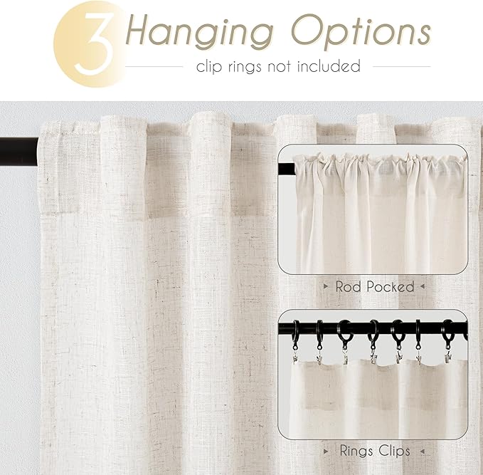 Cream Natural Linen Curtains 80 inch Length 2 Panels Set Neutral Rustic Farmhouse Living Room Drapes Back Tab Pleated Look Light Filtering Privacy Semi Sheer Curtains 80 inch Long Ivory Colored