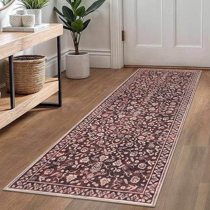 Vintage Washable Runner Rug 2x6, Burgundy Runners for hallways, Super Soft Kitchen Runner Rug Non Slip, Printed Faux Wool Floral Thin Carpet Runner for Entryway Laundry Room Bedroom