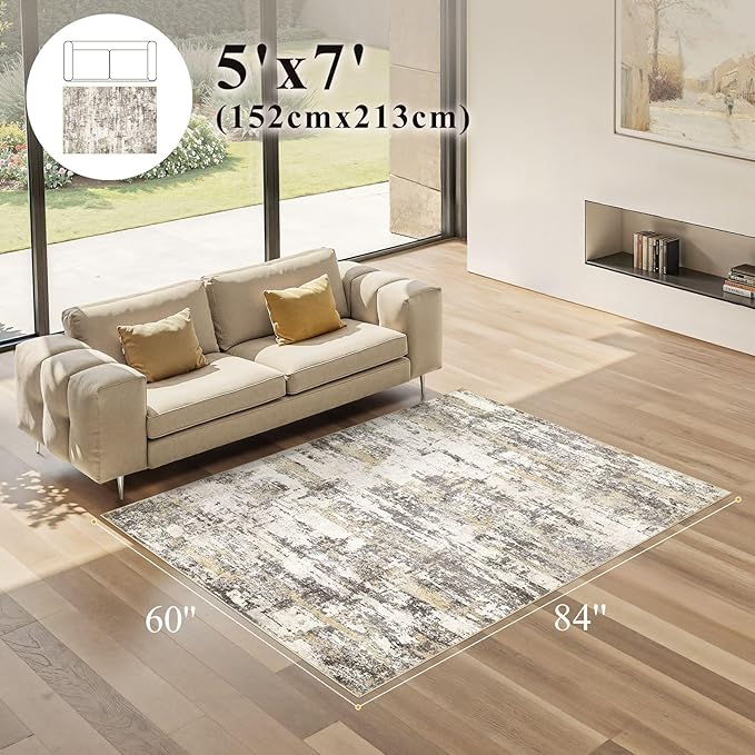 Area Rugs for Living Room: 5x7 Abstract Washable Rug Modern Neutral Large Soft Stain Resistant Non-Slip Backing Machine Table for Bedroom Dining Room Indoor Home Office Carpet - Gold Brown