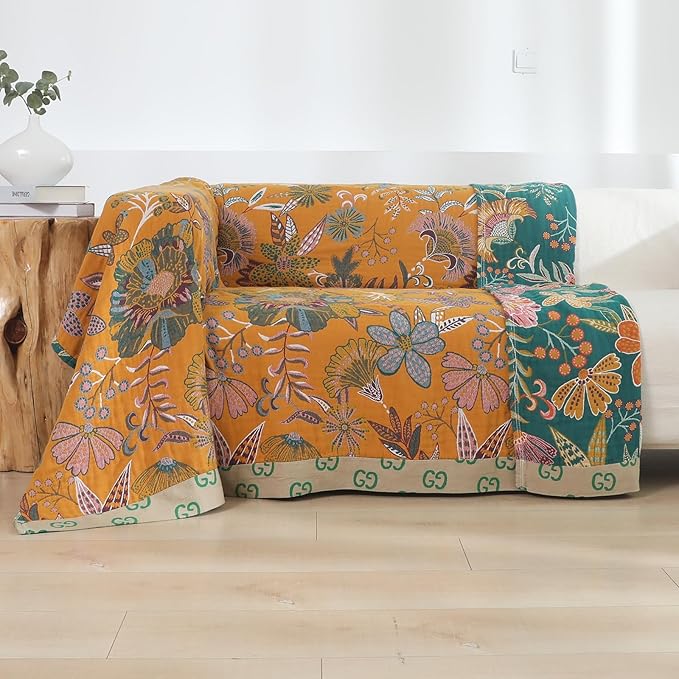 Boho Throw Blankets Reversible Luxurious Cotton Bed Throws with Vintage Bohemian Design & Yellow/Green Lightwight Floral Decor Blanket, Perfect as Bed Sofa Quilt 80" x 90"