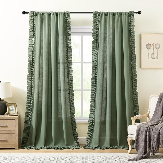 Dark Sage Green Ruffle Curtains 96 Inch Length, 2 Panels, W58xL96 In, Linen Textured Boho Farmhouse Flowy Curtains for Living Room Rod Pocket Privacy Light Filtering Semi-Sheer Scalloped Linen Curtain