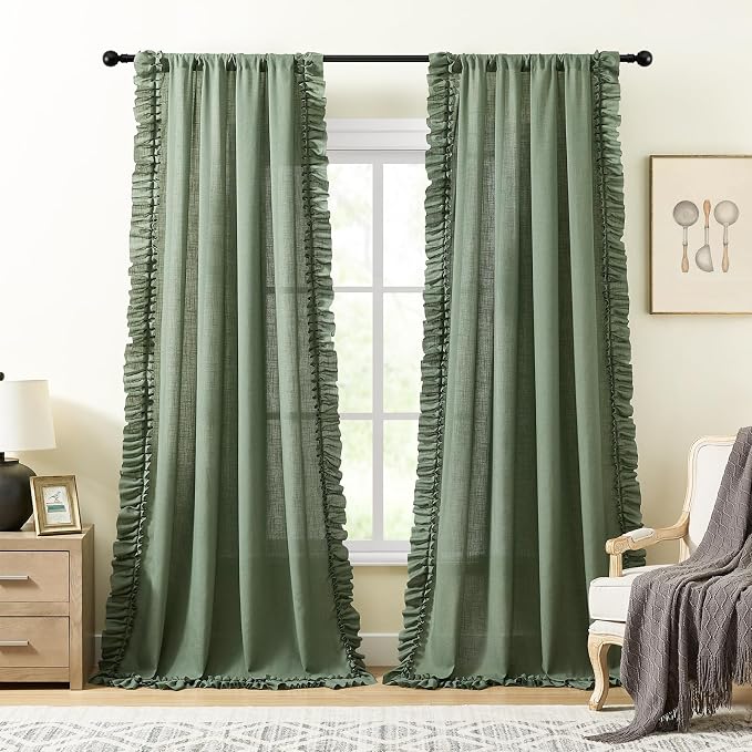Dark Sage Green Ruffled Curtains 96 Inches Long 2 Panels W47 x L96 Inch Linen Textured Farmhouse Scalloped Ruffle Curtains for Bedroom Rod Pocket Privacy Light Filtering Semi-Sheer Flowy Linen Curtain
